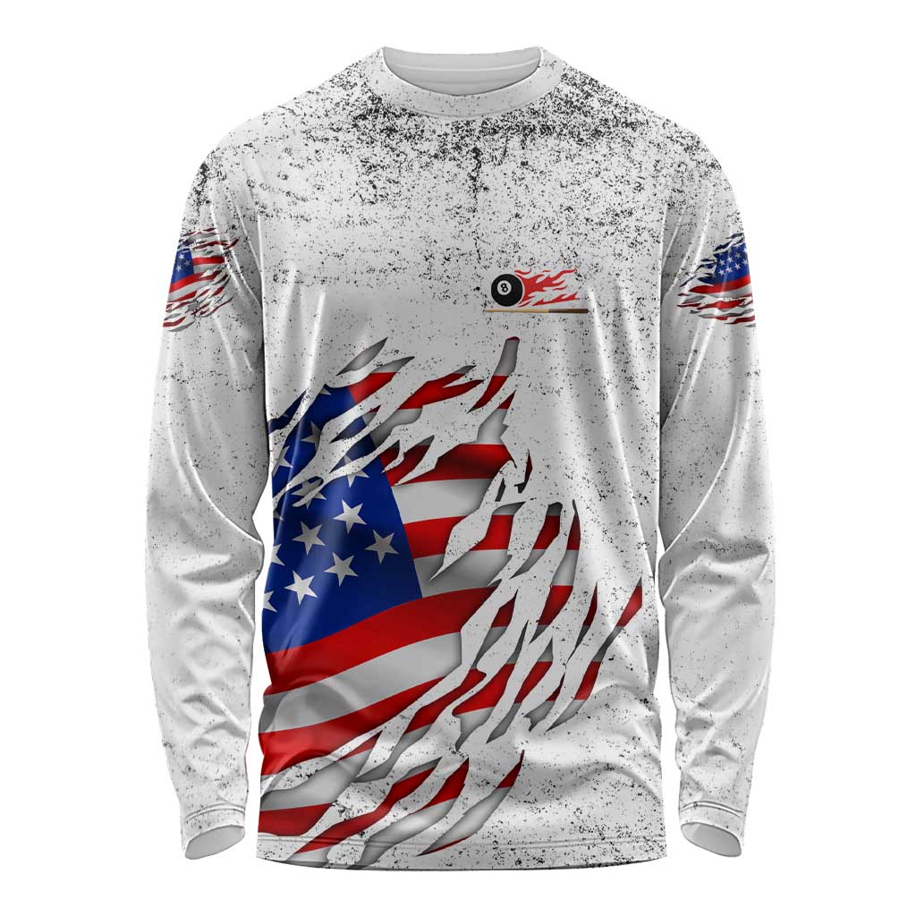 Custom American Flag Billiards Long Sleeve Shirt with Ripped Design Pool Ball Graphic - Wonder Print Shop