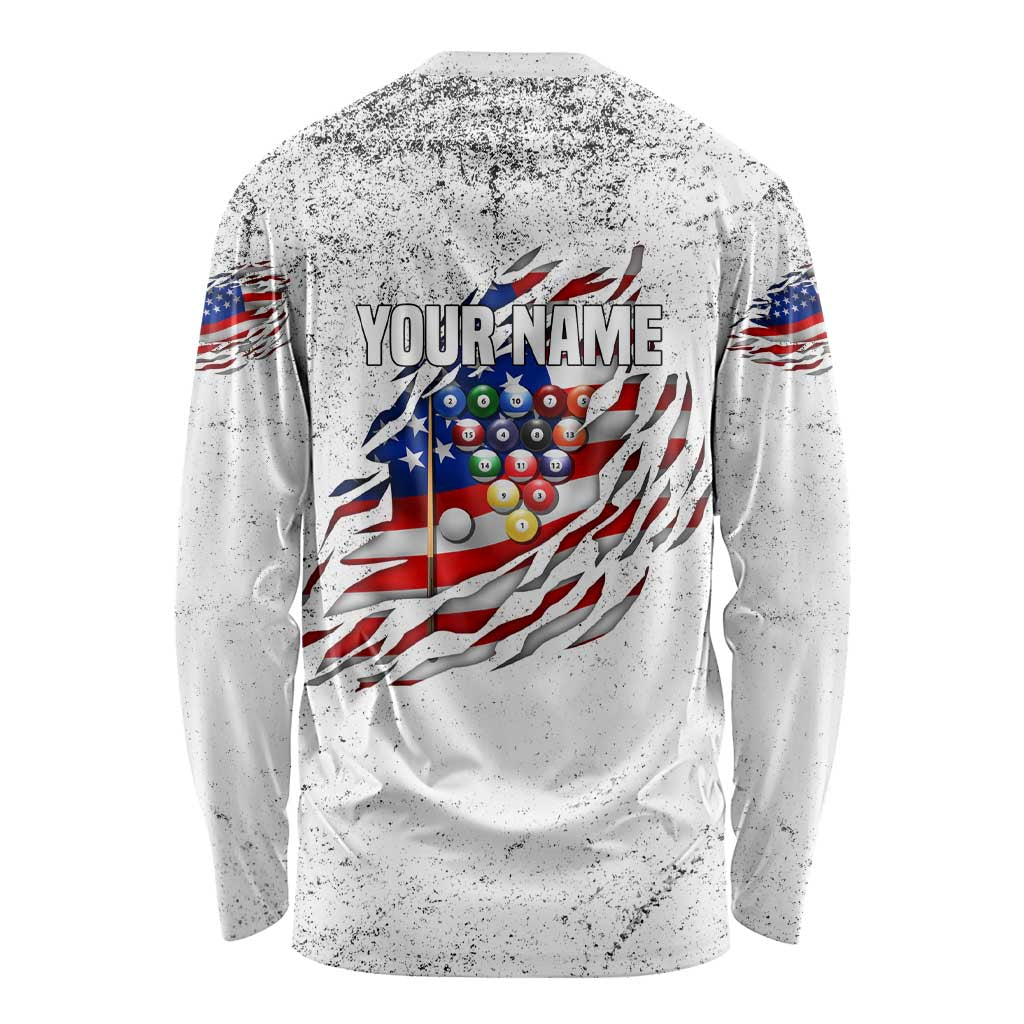 Custom American Flag Billiards Long Sleeve Shirt with Ripped Design Pool Ball Graphic - Wonder Print Shop