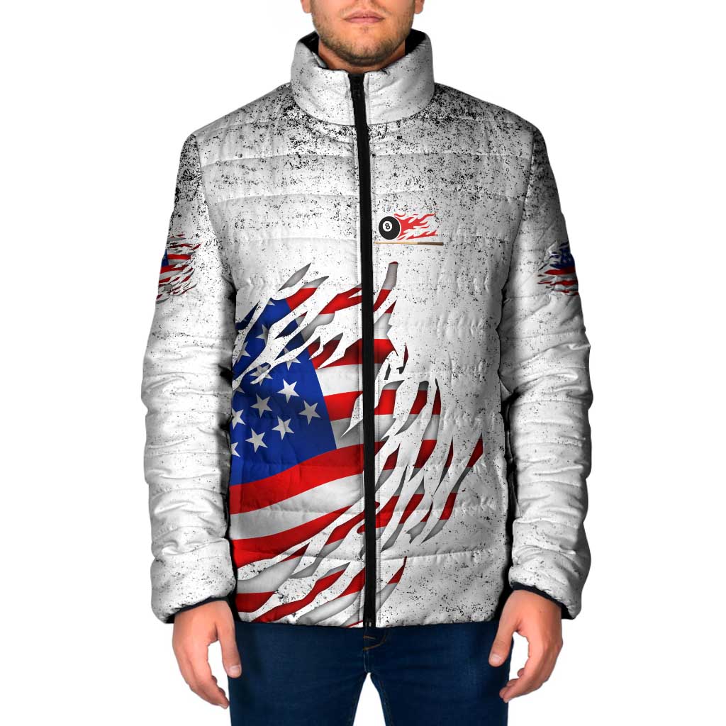 Custom American Flag Billiards Padded Jacket with Ripped Design Pool Ball Graphic - Wonder Print Shop