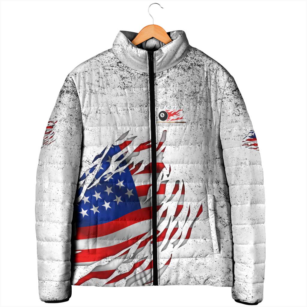 Custom American Flag Billiards Padded Jacket with Ripped Design Pool Ball Graphic - Wonder Print Shop