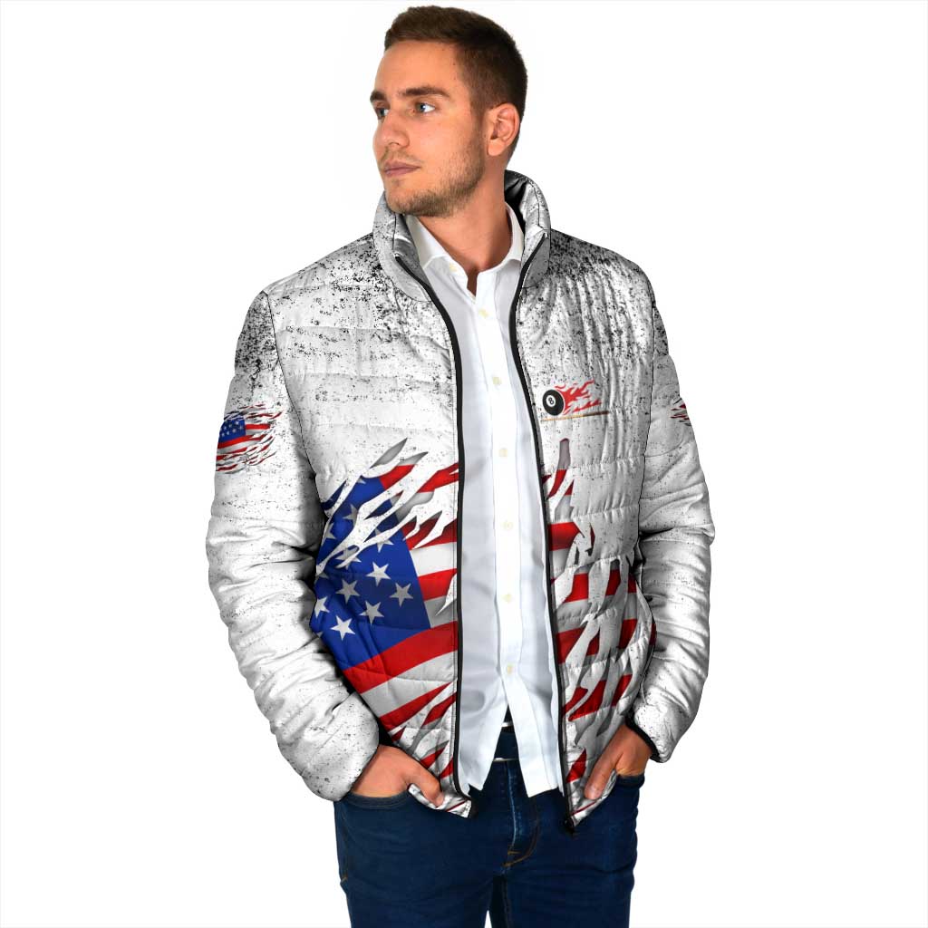 Custom American Flag Billiards Padded Jacket with Ripped Design Pool Ball Graphic - Wonder Print Shop
