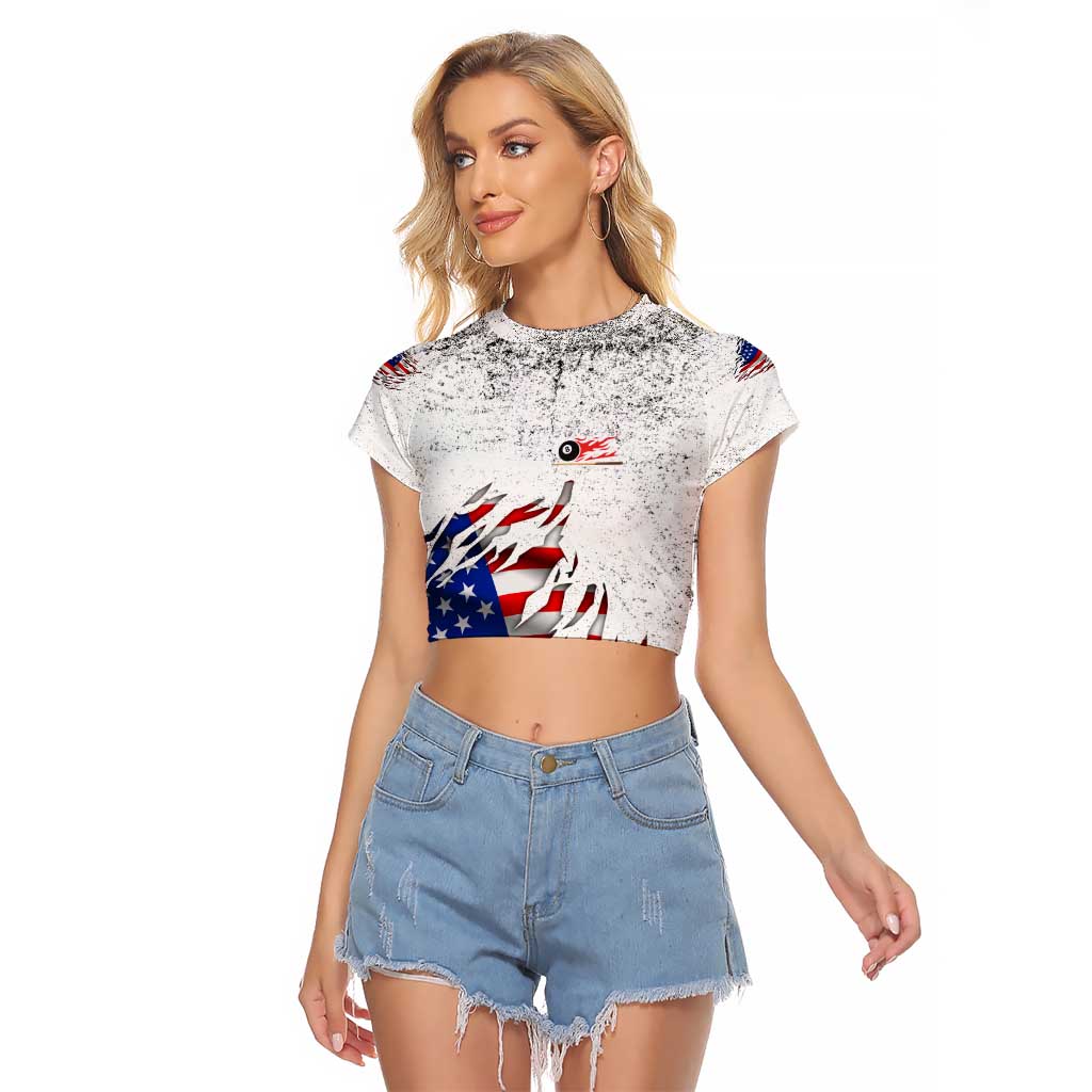 Custom American Flag Billiards Raglan Cropped T Shirt with Ripped Design Pool Ball Graphic - Wonder Print Shop