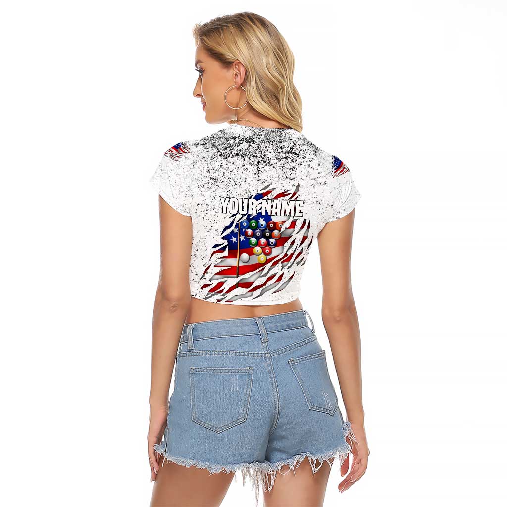 Custom American Flag Billiards Raglan Cropped T Shirt with Ripped Design Pool Ball Graphic - Wonder Print Shop