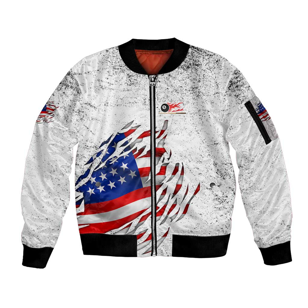 Custom American Flag Billiards Sleeve Zip Bomber Jacket with Ripped Design Pool Ball Graphic - Wonder Print Shop