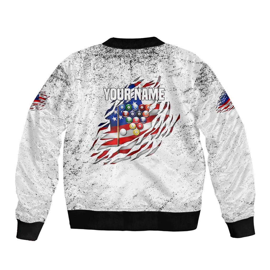 Custom American Flag Billiards Sleeve Zip Bomber Jacket with Ripped Design Pool Ball Graphic - Wonder Print Shop