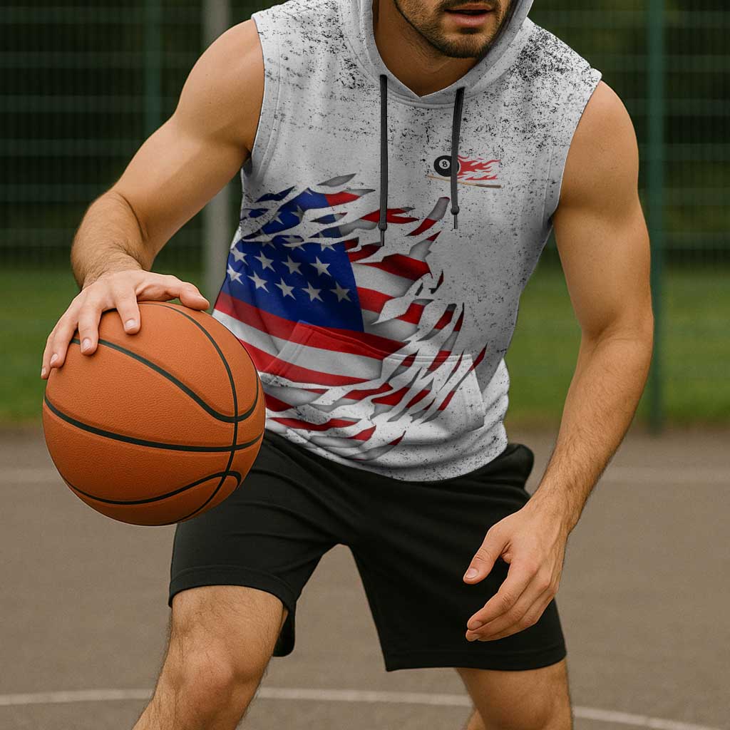 Custom American Flag Billiards Sleeveless Hoodie with Ripped Design Pool Ball Graphic - Wonder Print Shop