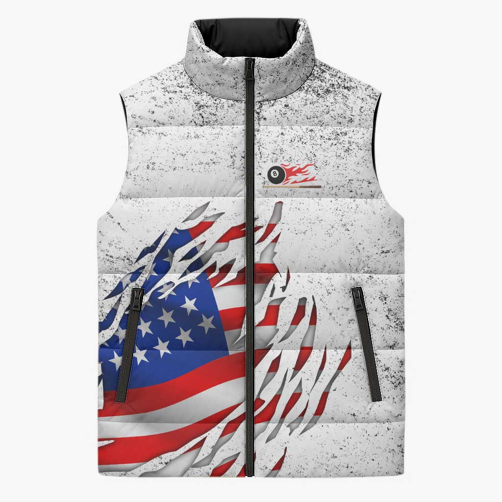 Custom American Flag Billiards Sleeveless Puffer Jacket with Ripped Design Pool Ball Graphic - Wonder Print Shop