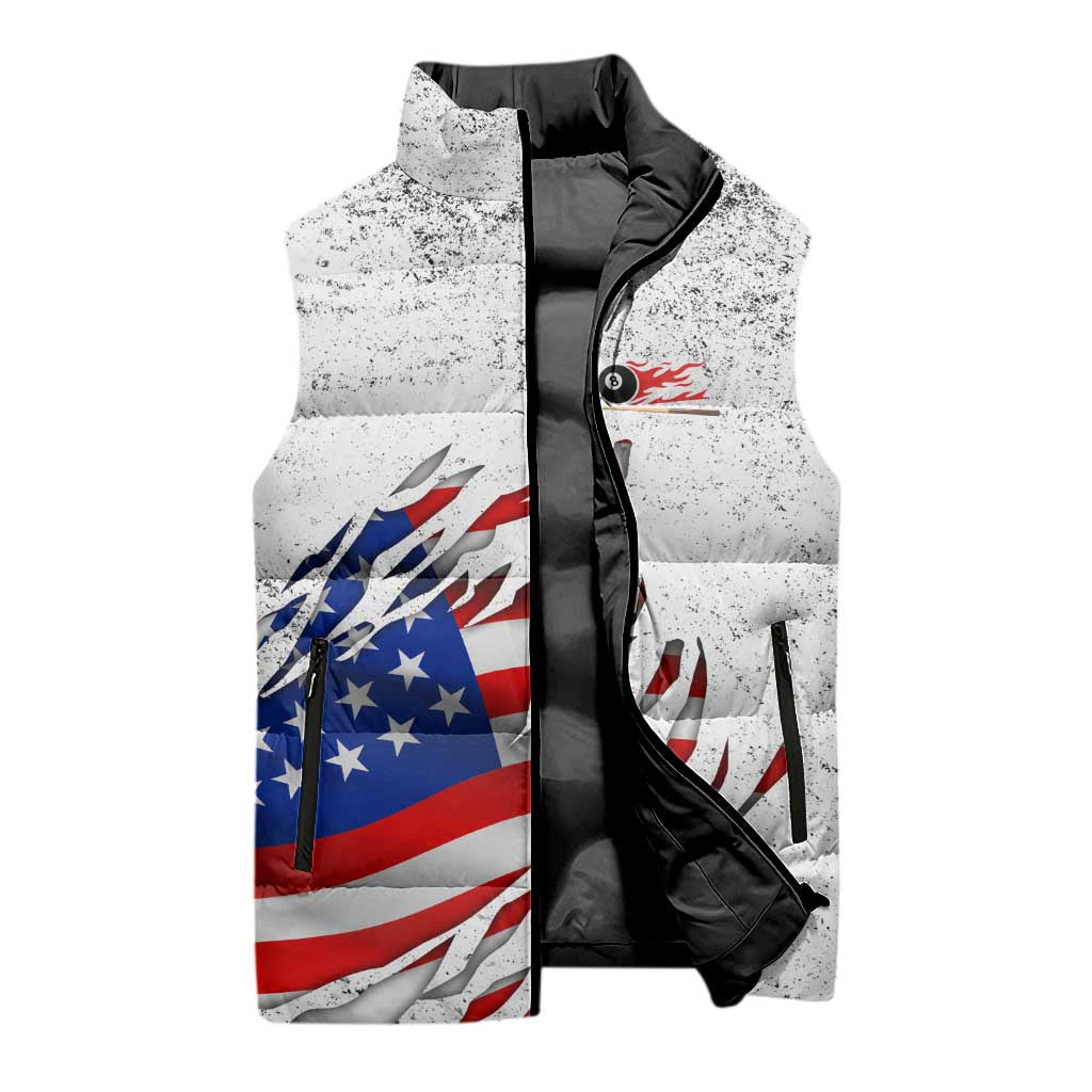 Custom American Flag Billiards Sleeveless Puffer Jacket with Ripped Design Pool Ball Graphic - Wonder Print Shop