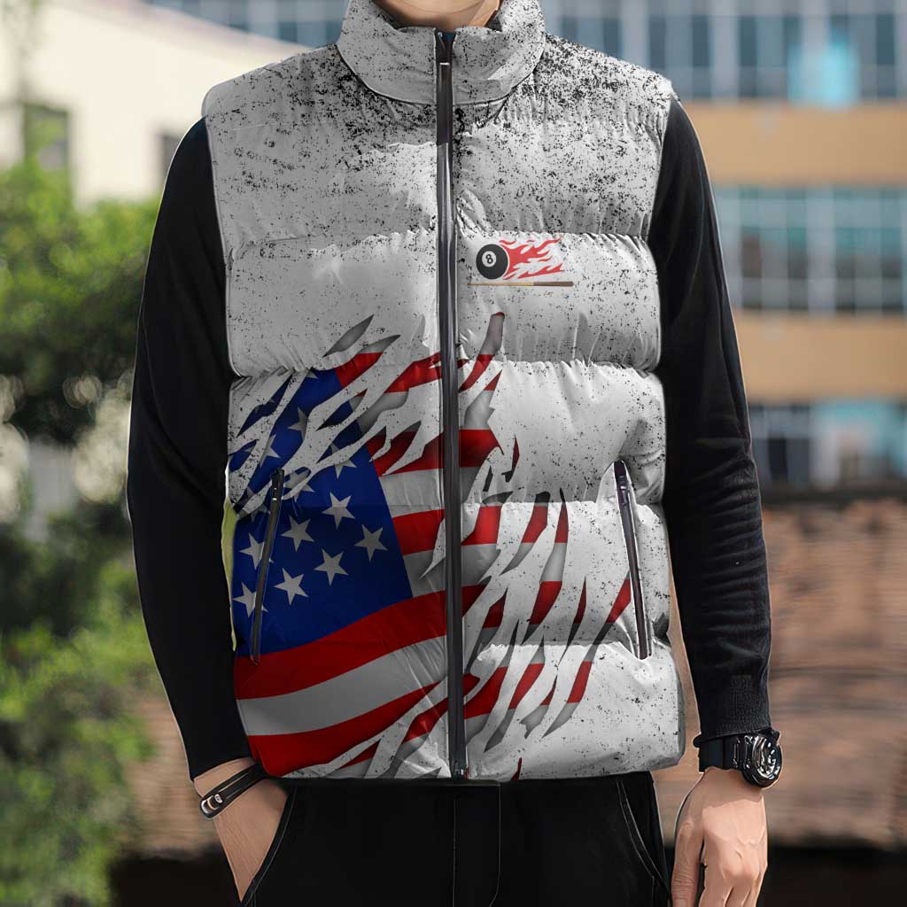 Custom American Flag Billiards Sleeveless Puffer Jacket with Ripped Design Pool Ball Graphic - Wonder Print Shop