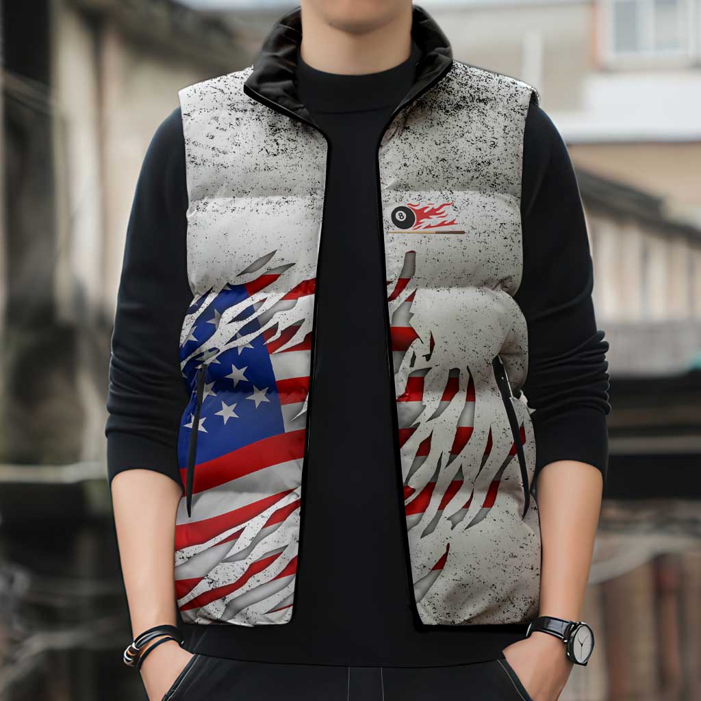 Custom American Flag Billiards Sleeveless Puffer Jacket with Ripped Design Pool Ball Graphic - Wonder Print Shop