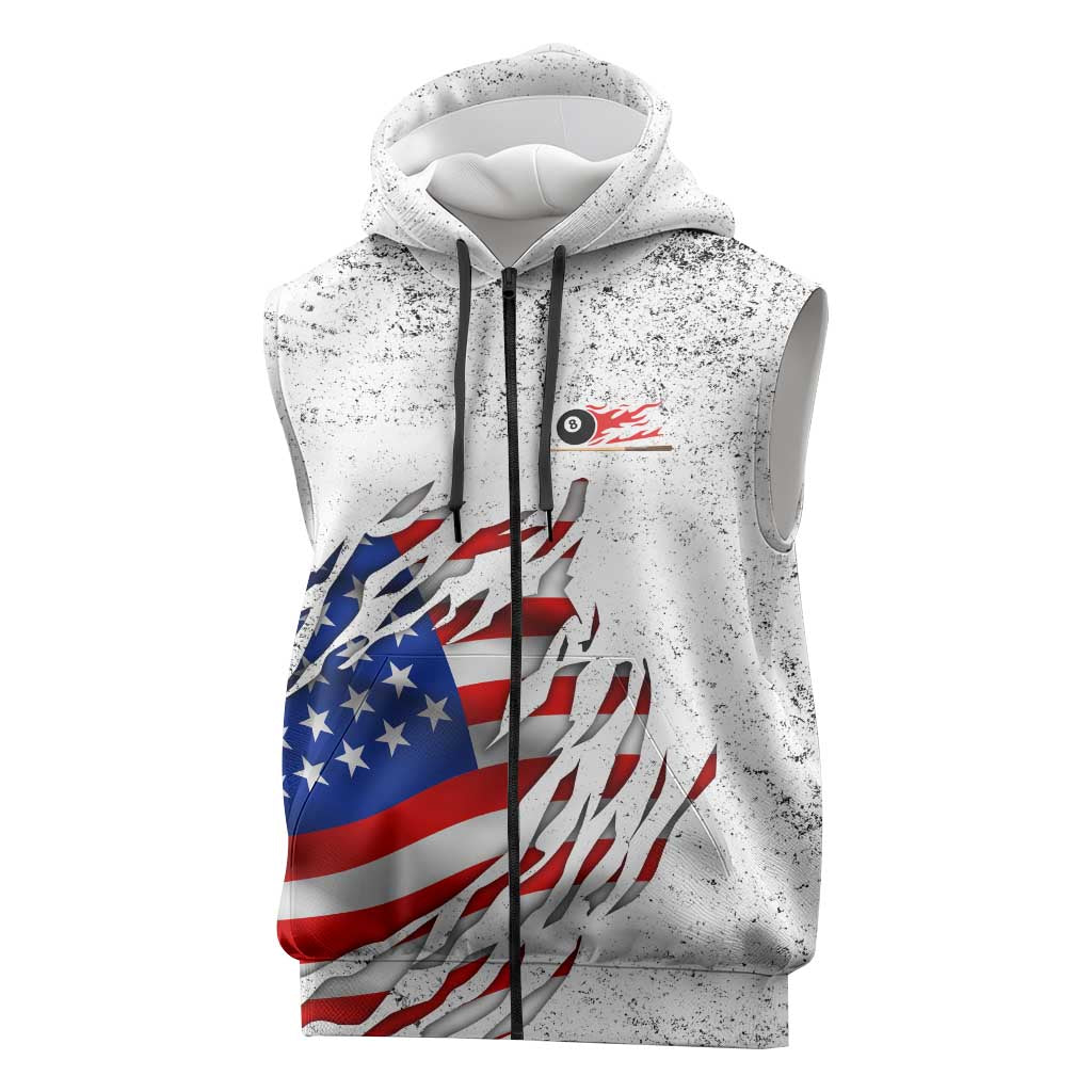 Custom American Flag Billiards Sleeveless Zip Hoodie with Ripped Design Pool Ball Graphic - Wonder Print Shop