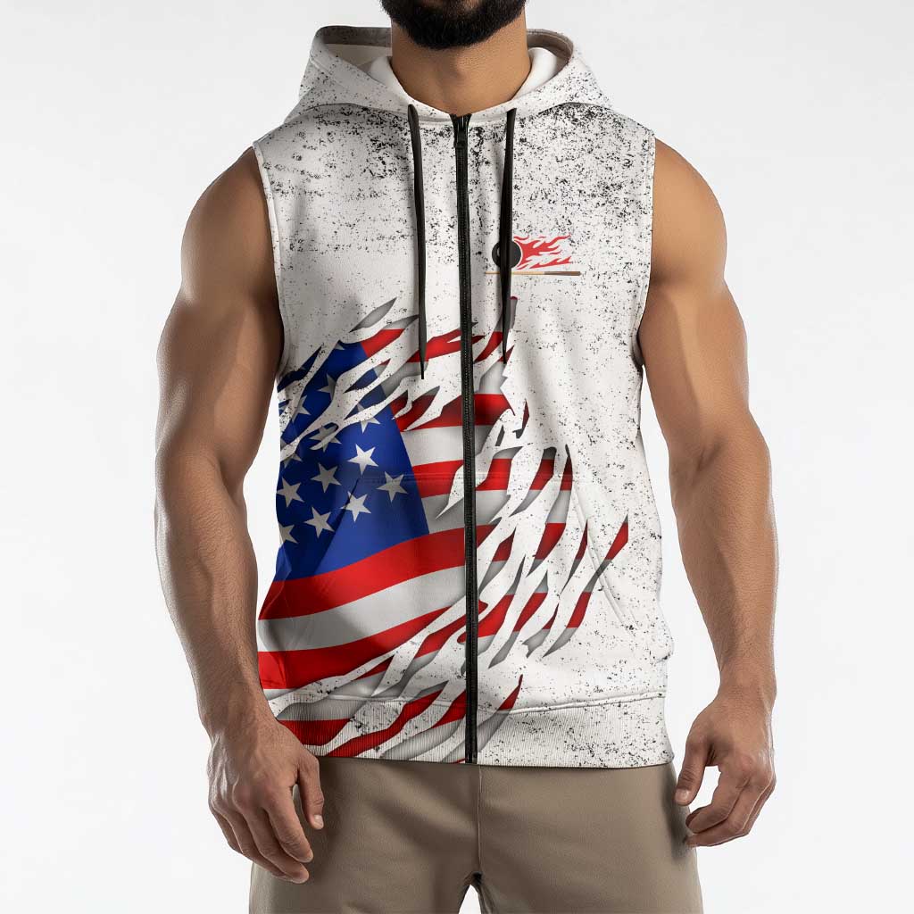 Custom American Flag Billiards Sleeveless Zip Hoodie with Ripped Design Pool Ball Graphic - Wonder Print Shop