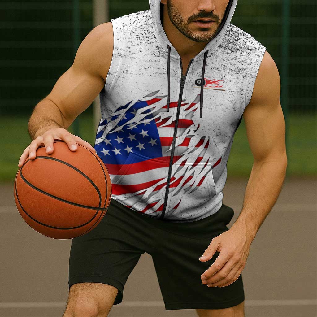 Custom American Flag Billiards Sleeveless Zip Hoodie with Ripped Design Pool Ball Graphic - Wonder Print Shop