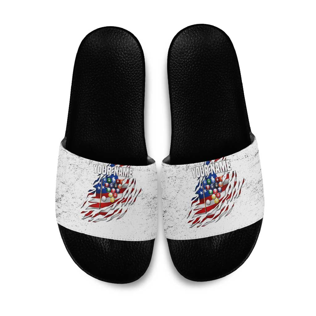 Custom American Flag Billiards Slide Sandals with Ripped Design Pool Ball Graphic - Wonder Print Shop