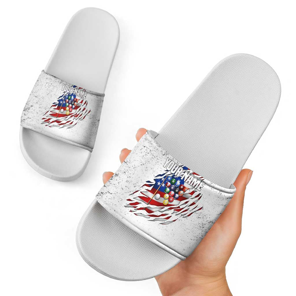 Custom American Flag Billiards Slide Sandals with Ripped Design Pool Ball Graphic - Wonder Print Shop