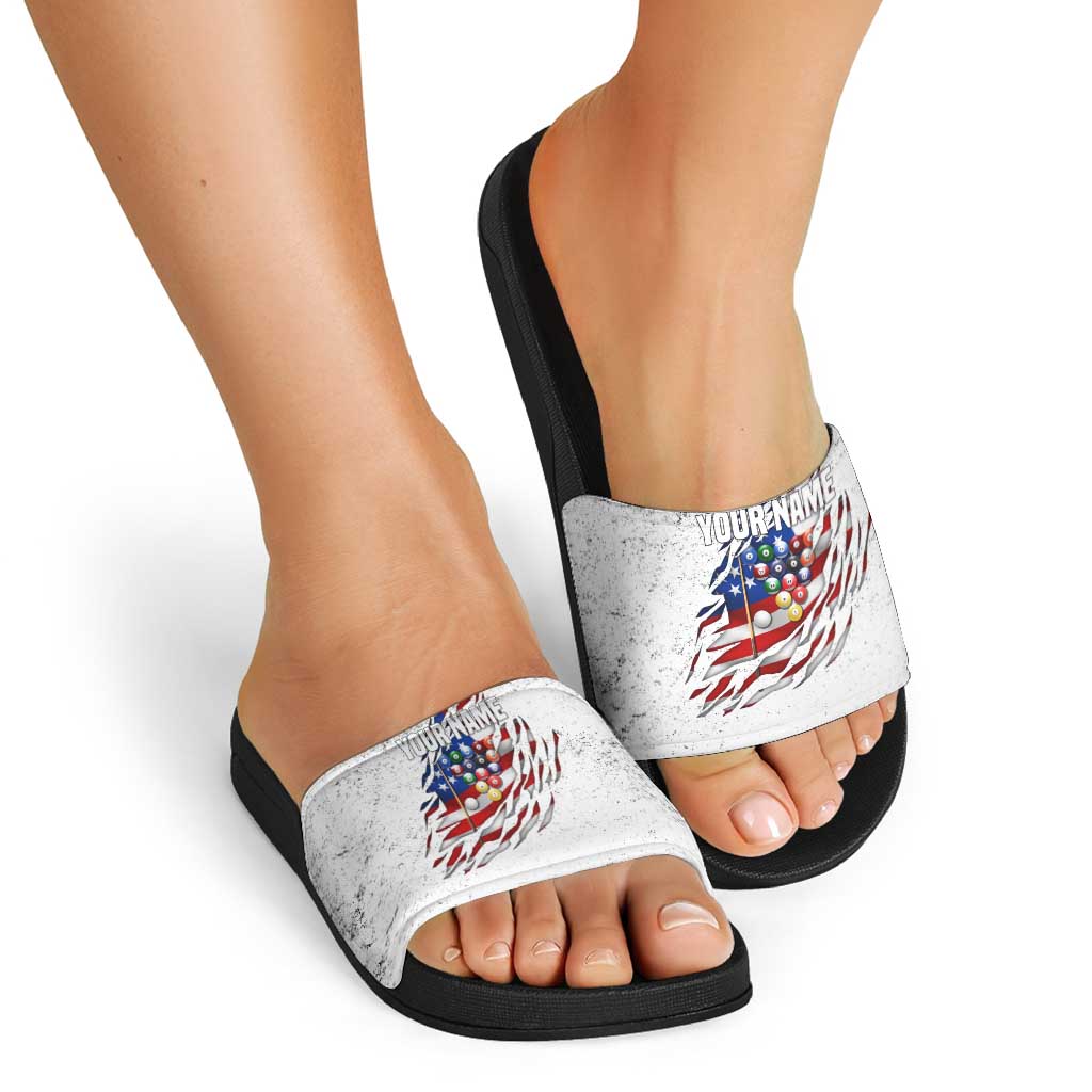 Custom American Flag Billiards Slide Sandals with Ripped Design Pool Ball Graphic - Wonder Print Shop