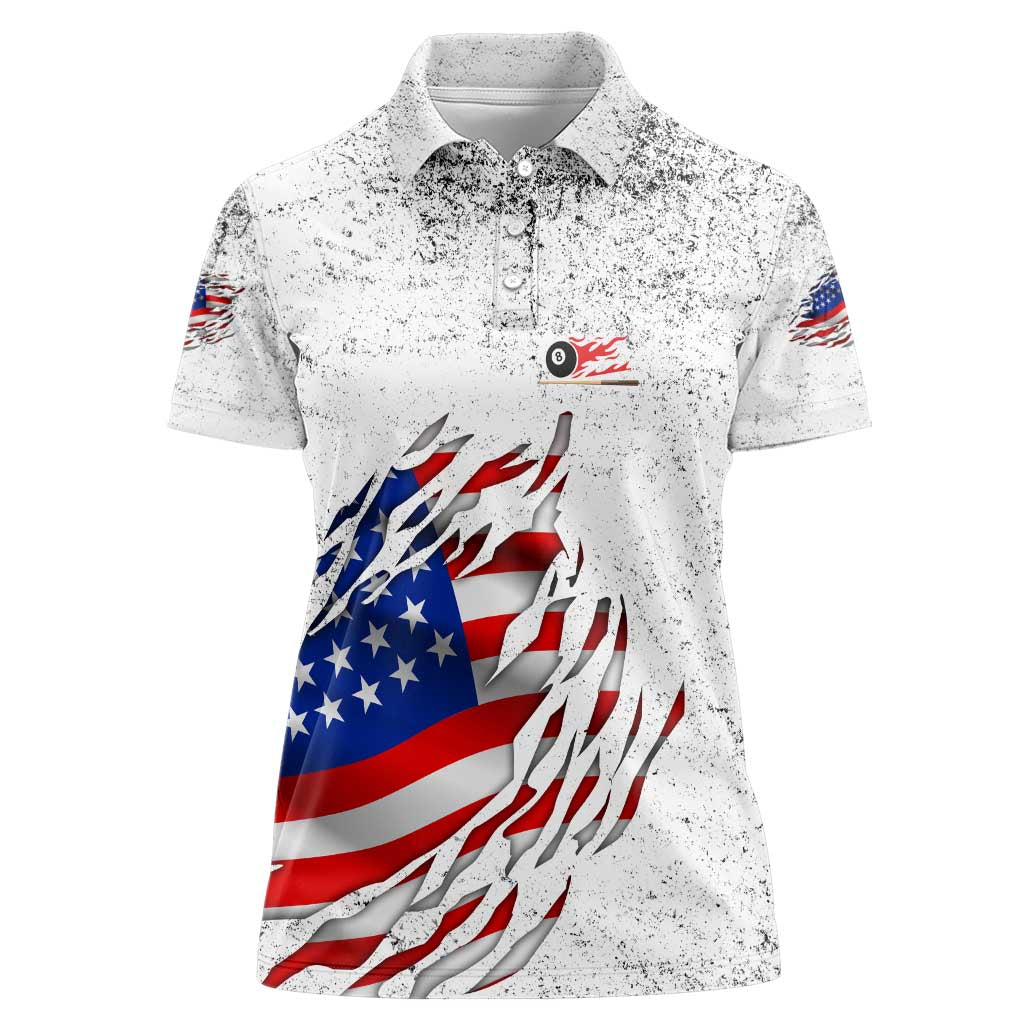 Custom American Flag Billiards Women Polo Shirt with Ripped Design Pool Ball Graphic - Wonder Print Shop
