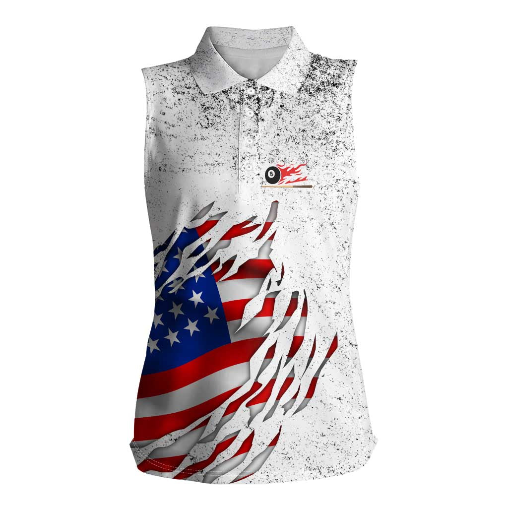 Custom American Flag Billiards Women Sleeveless Polo Shirt with Ripped Design Pool Ball Graphic - Wonder Print Shop