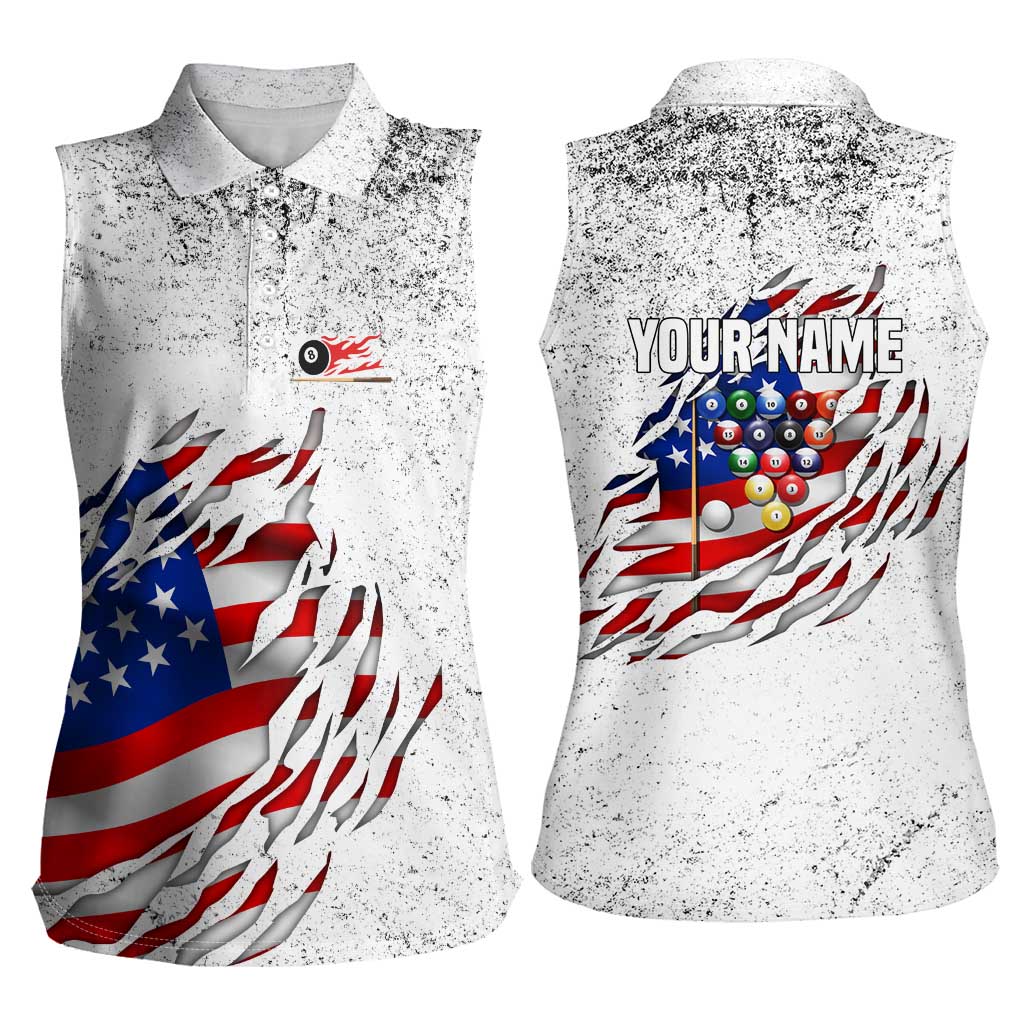 Custom American Flag Billiards Women Sleeveless Polo Shirt with Ripped Design Pool Ball Graphic - Wonder Print Shop