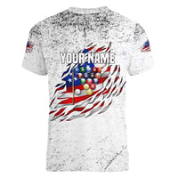 Custom American Flag Billiards Women V-Neck T-Shirt with Ripped Design Pool Ball Graphic - Wonder Print Shop