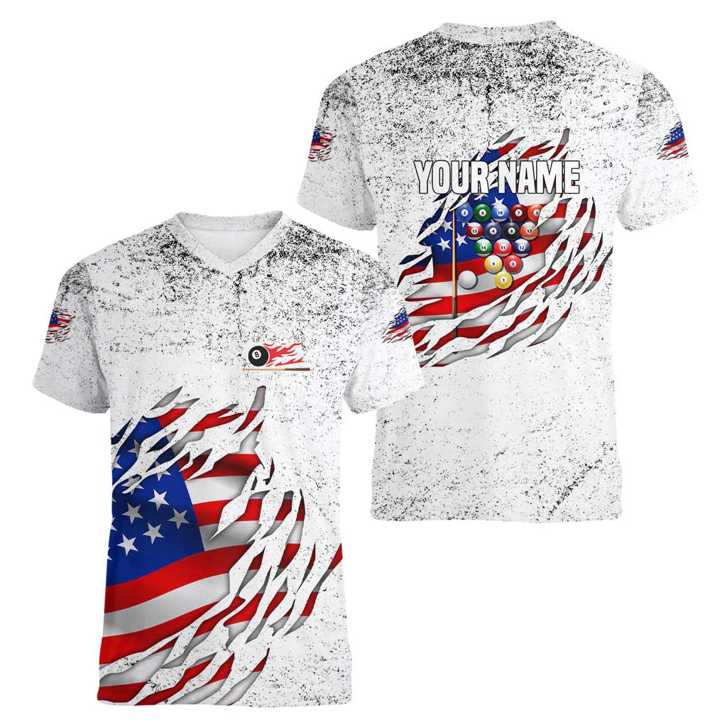 Custom American Flag Billiards Women V-Neck T-Shirt with Ripped Design Pool Ball Graphic - Wonder Print Shop