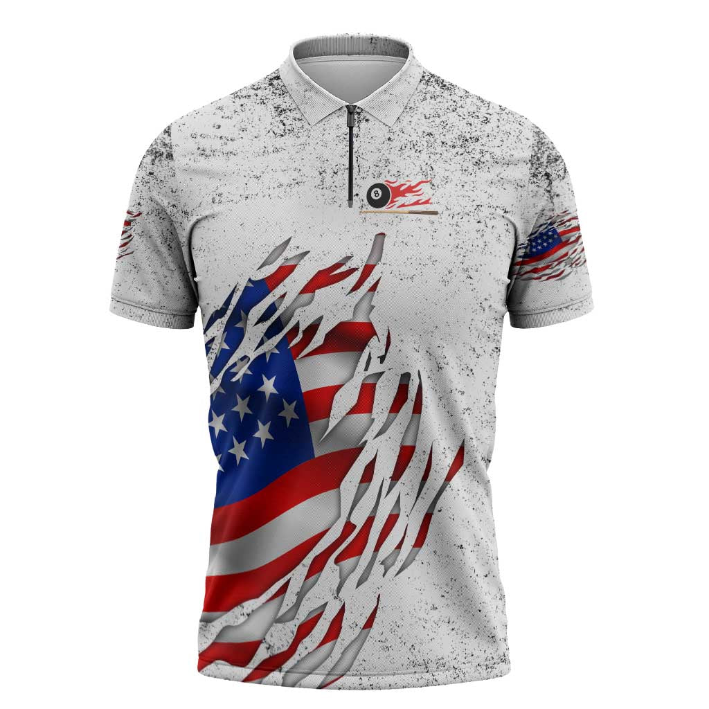 Custom American Flag Billiards Zipper Polo Shirt with Ripped Design Pool Ball Graphic - Wonder Print Shop