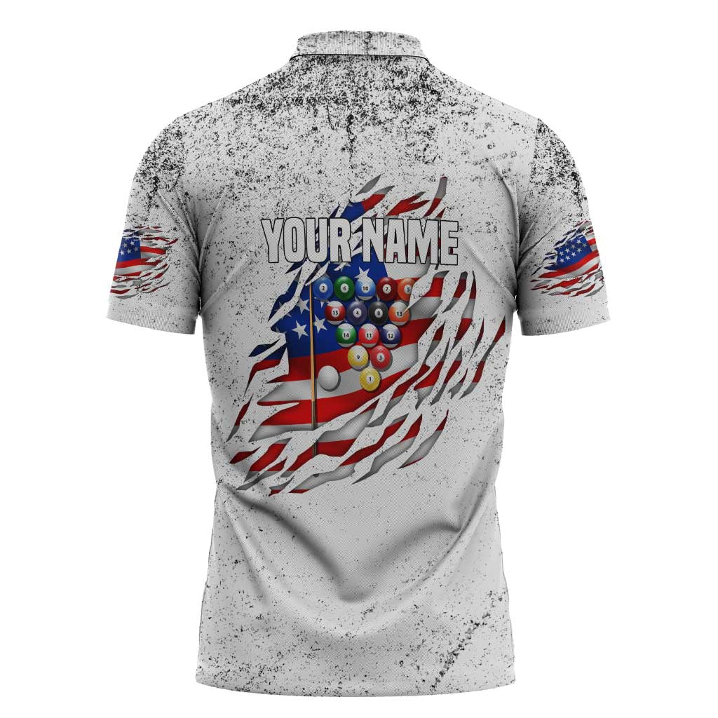 Custom American Flag Billiards Zipper Polo Shirt with Ripped Design Pool Ball Graphic - Wonder Print Shop