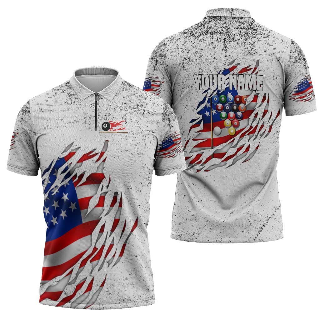 Custom American Flag Billiards Zipper Polo Shirt with Ripped Design Pool Ball Graphic - Wonder Print Shop