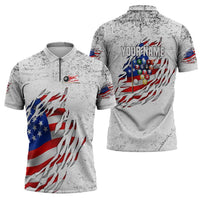 Custom American Flag Billiards Zipper Polo Shirt with Ripped Design Pool Ball Graphic - Wonder Print Shop