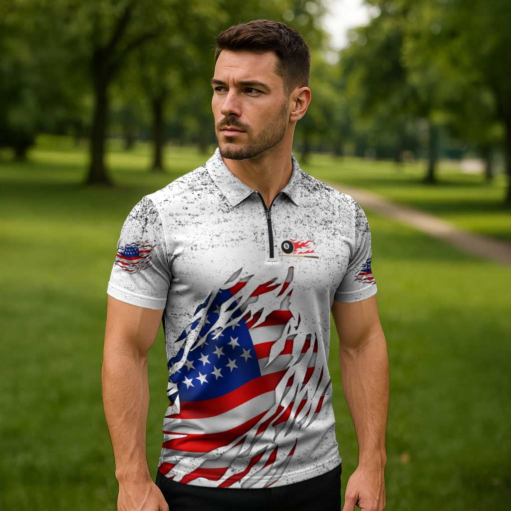 Custom American Flag Billiards Zipper Polo Shirt with Ripped Design Pool Ball Graphic - Wonder Print Shop