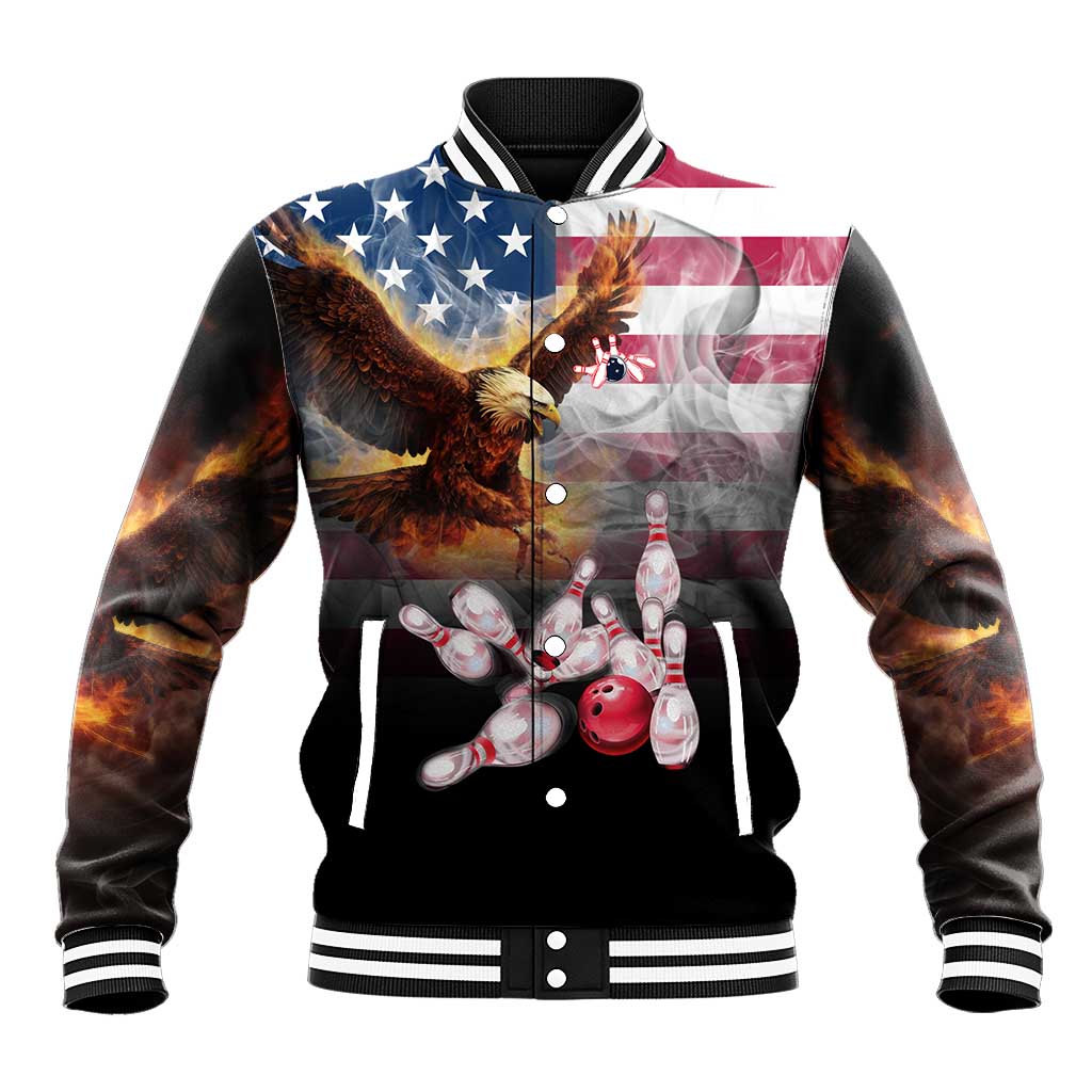 Custom Patriotic Eagle Bowling Baseball Jacket with American Flag Strike Design - Wonder Print Shop