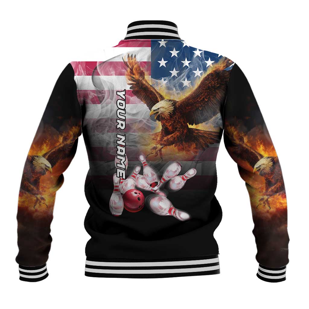 Custom Patriotic Eagle Bowling Baseball Jacket with American Flag Strike Design - Wonder Print Shop