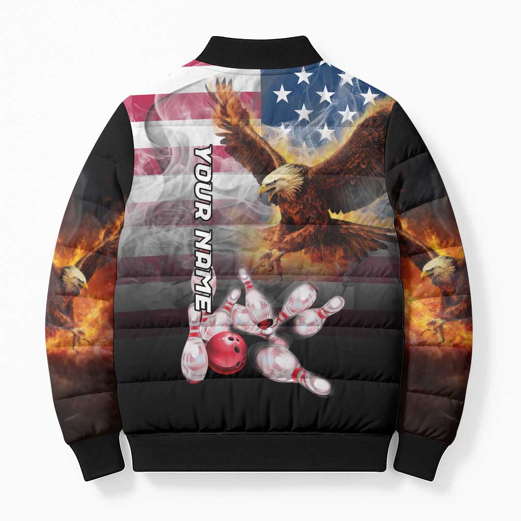 Custom Patriotic Eagle Bowling Bomber Puffer Jacket with American Flag Strike Design - Wonder Print Shop