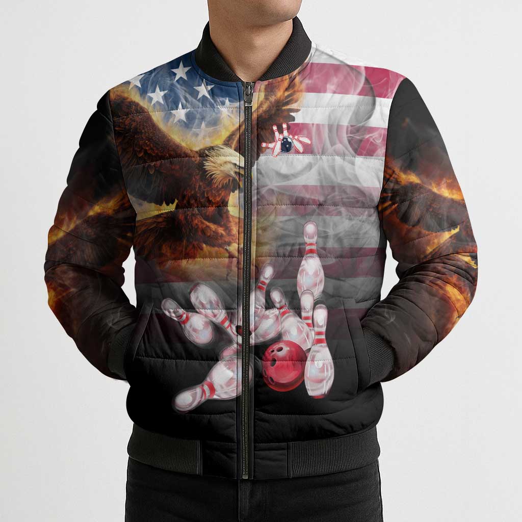 Custom Patriotic Eagle Bowling Bomber Puffer Jacket with American Flag Strike Design - Wonder Print Shop