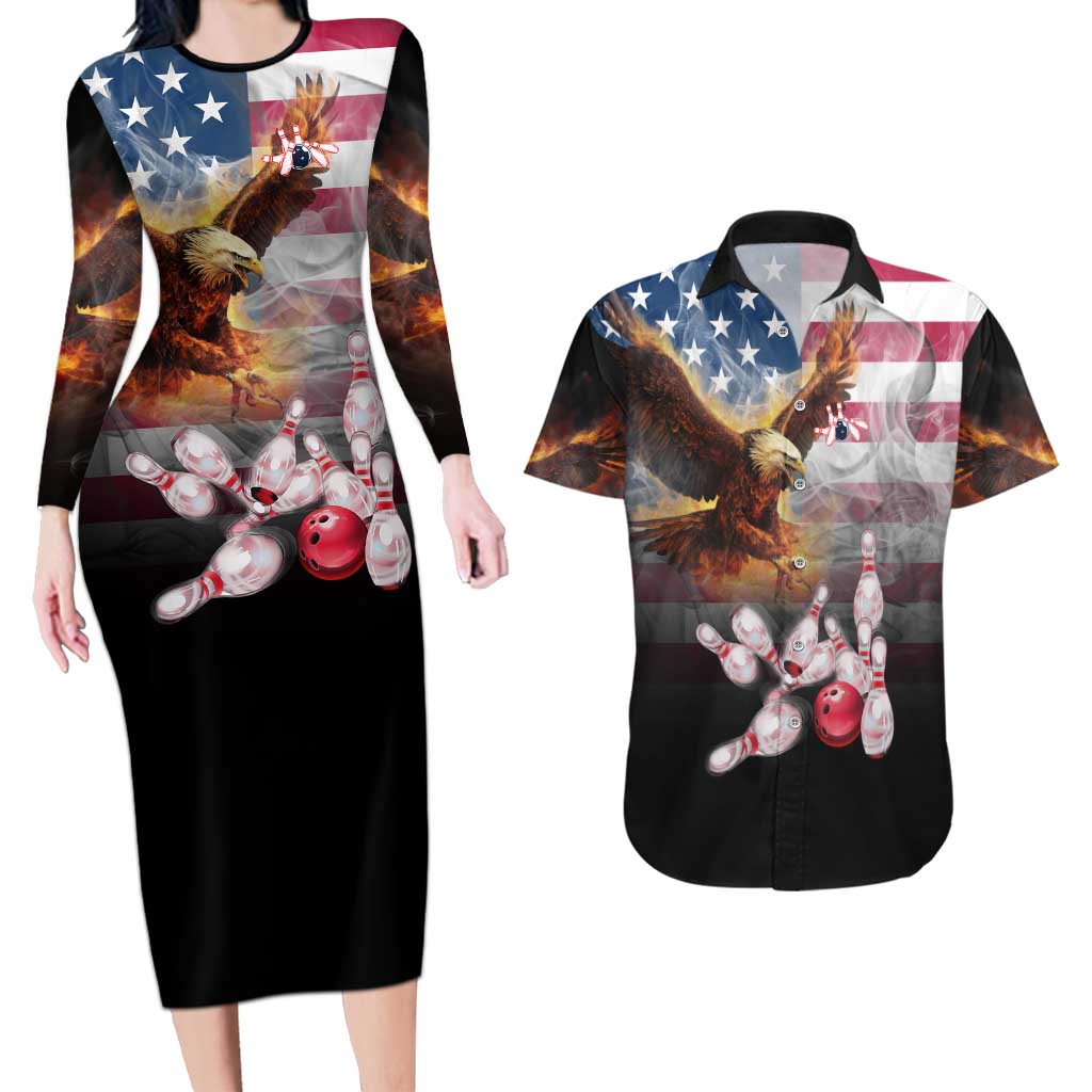 Custom Patriotic Eagle Bowling Couples Matching Long Sleeve Bodycon Dress and Hawaiian Shirt with American Flag Strike Design - Wonder Print Shop