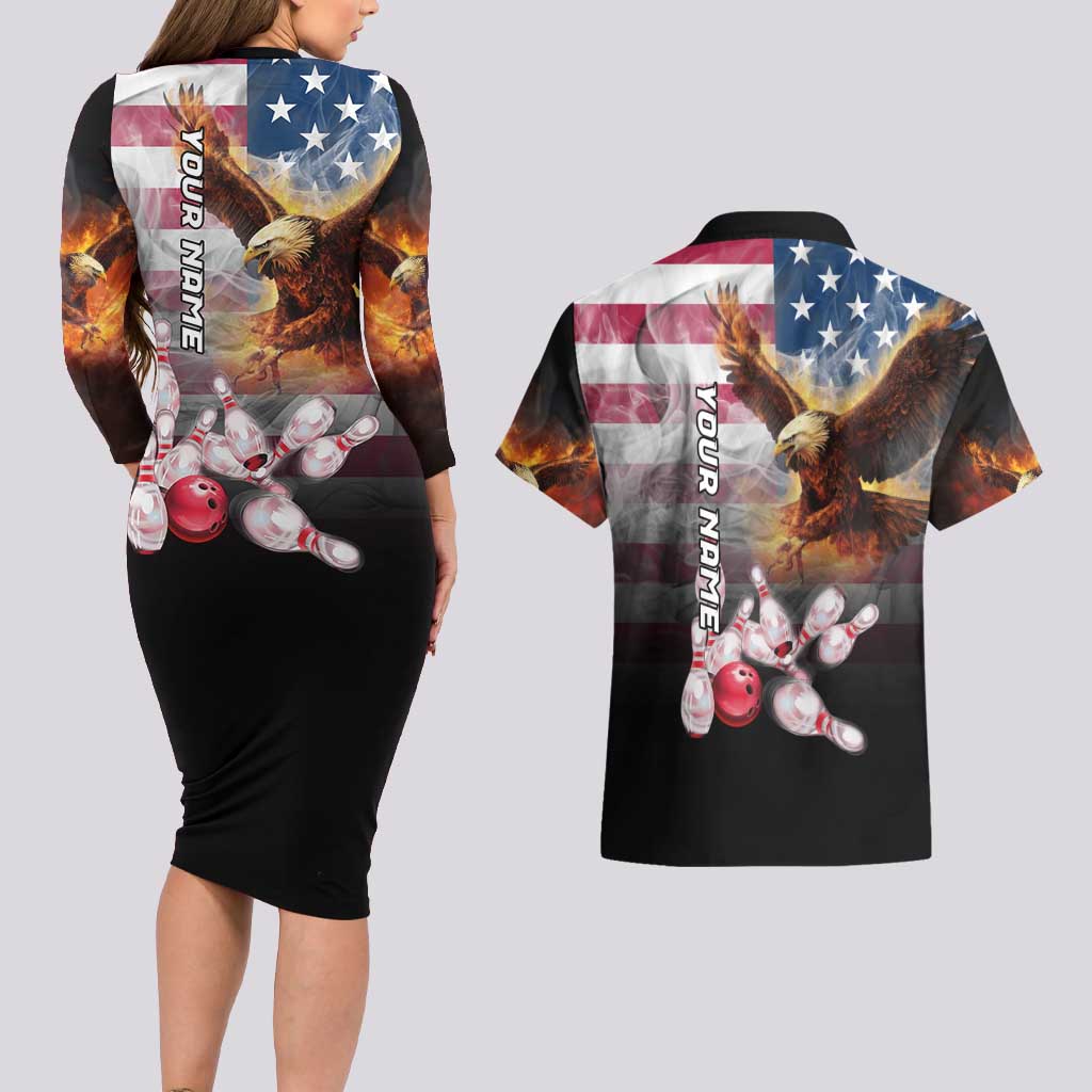 Custom Patriotic Eagle Bowling Couples Matching Long Sleeve Bodycon Dress and Hawaiian Shirt with American Flag Strike Design - Wonder Print Shop