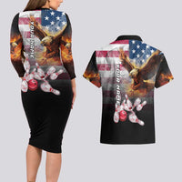 Custom Patriotic Eagle Bowling Couples Matching Long Sleeve Bodycon Dress and Hawaiian Shirt with American Flag Strike Design - Wonder Print Shop