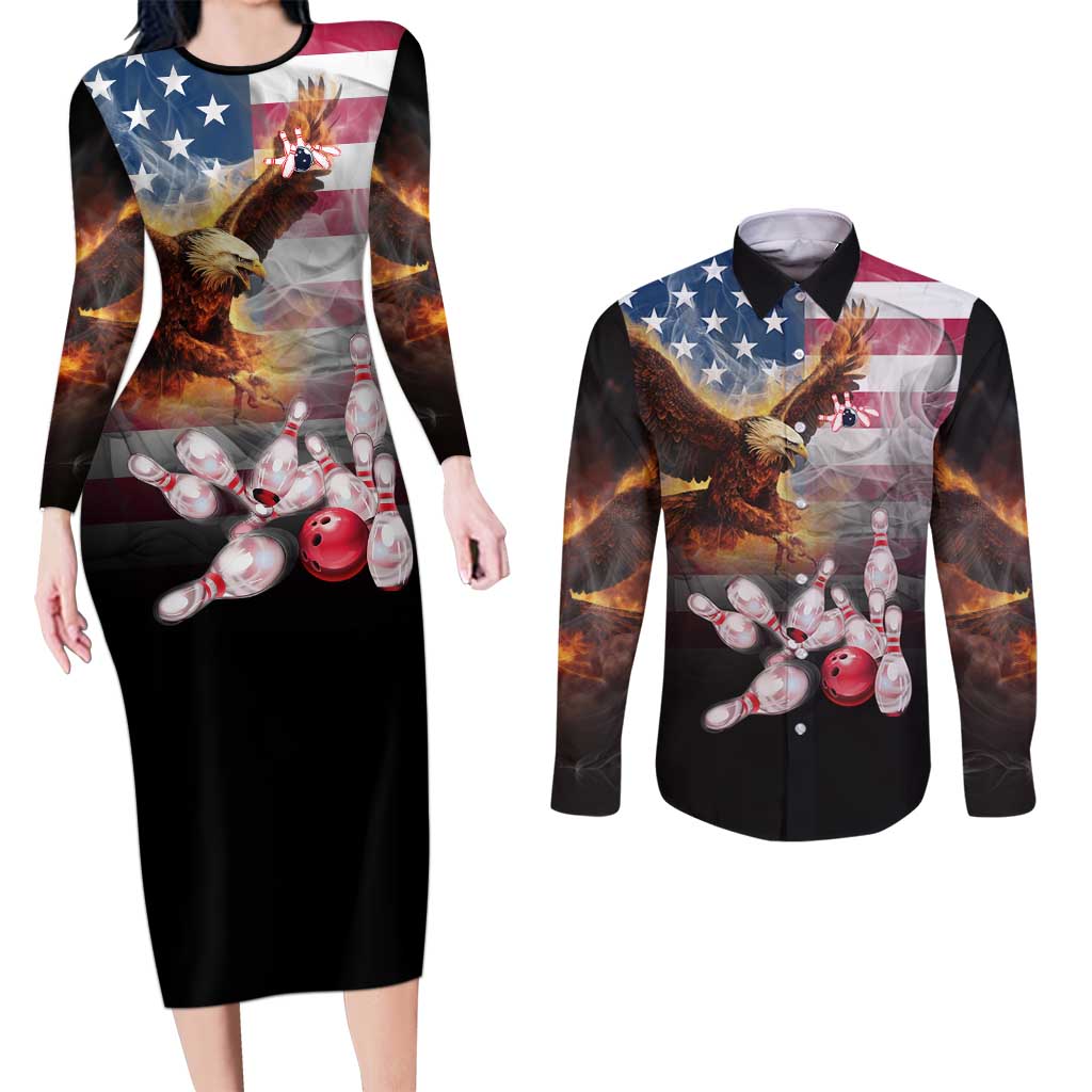 Custom Patriotic Eagle Bowling Couples Matching Long Sleeve Bodycon Dress and Long Sleeve Button Shirt with American Flag Strike Design - Wonder Print Shop