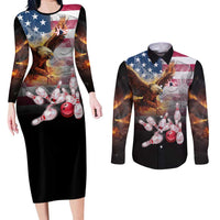 Custom Patriotic Eagle Bowling Couples Matching Long Sleeve Bodycon Dress and Long Sleeve Button Shirt with American Flag Strike Design - Wonder Print Shop