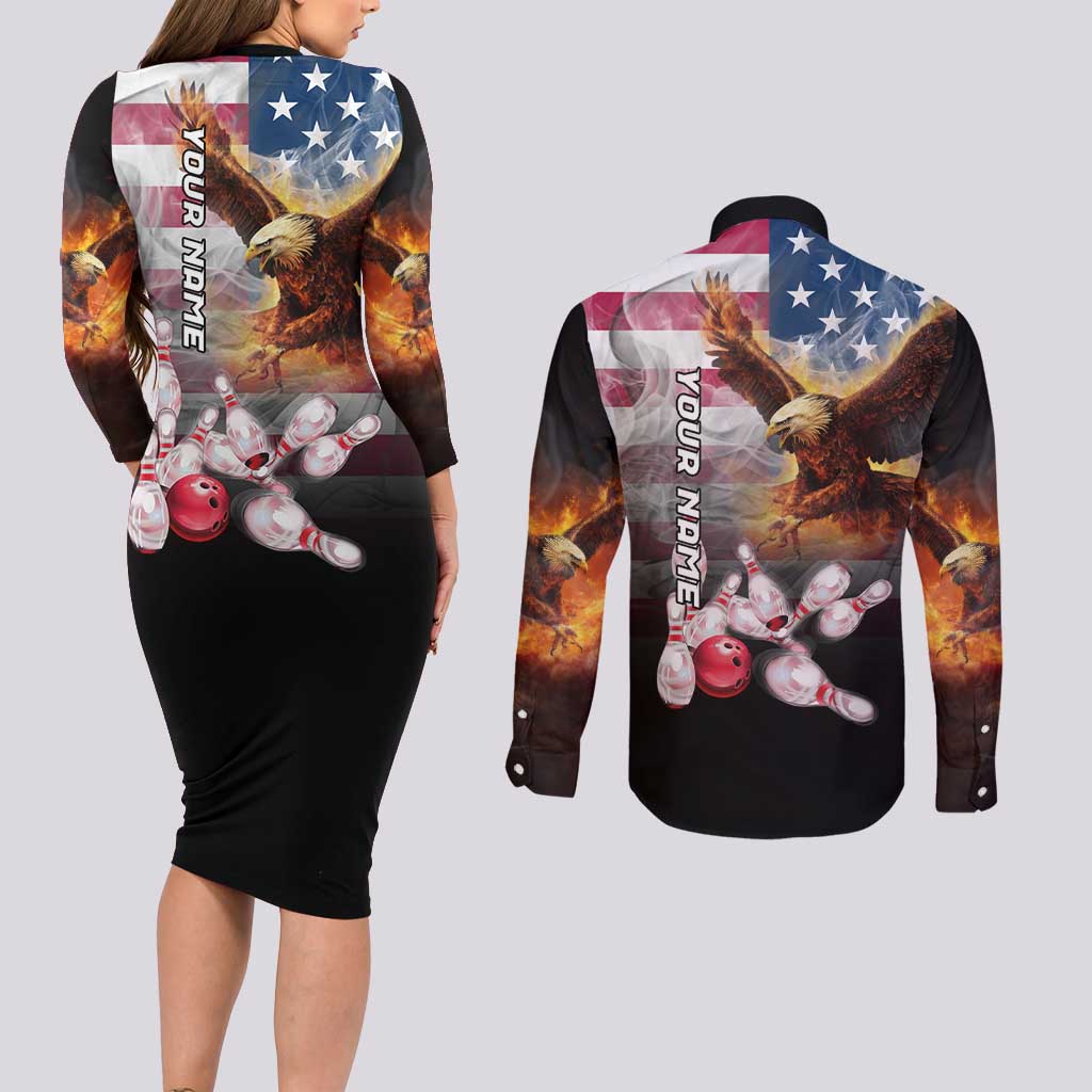 Custom Patriotic Eagle Bowling Couples Matching Long Sleeve Bodycon Dress and Long Sleeve Button Shirt with American Flag Strike Design - Wonder Print Shop