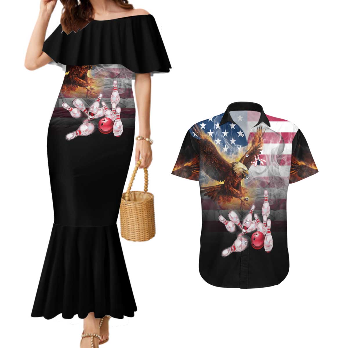 Custom Patriotic Eagle Bowling Couples Matching Mermaid Dress and Hawaiian Shirt with American Flag Strike Design - Wonder Print Shop