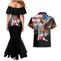 Custom Patriotic Eagle Bowling Couples Matching Mermaid Dress and Hawaiian Shirt with American Flag Strike Design - Wonder Print Shop