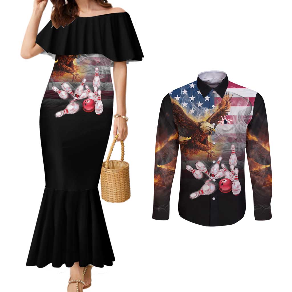 Custom Patriotic Eagle Bowling Couples Matching Mermaid Dress and Long Sleeve Button Shirt with American Flag Strike Design - Wonder Print Shop
