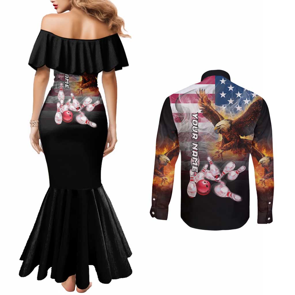 Custom Patriotic Eagle Bowling Couples Matching Mermaid Dress and Long Sleeve Button Shirt with American Flag Strike Design - Wonder Print Shop