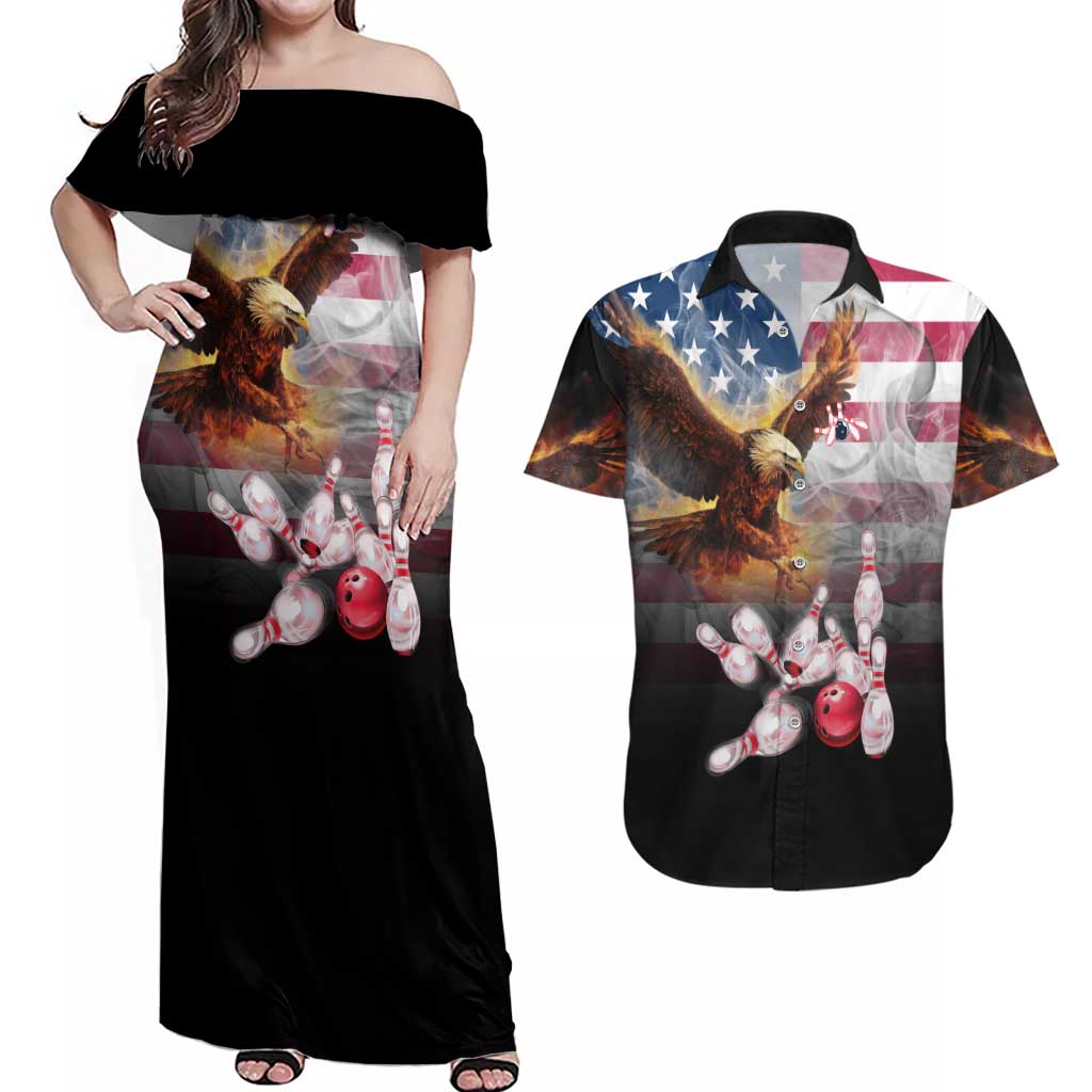 Custom Patriotic Eagle Bowling Couples Matching Off Shoulder Maxi Dress and Hawaiian Shirt with American Flag Strike Design - Wonder Print Shop