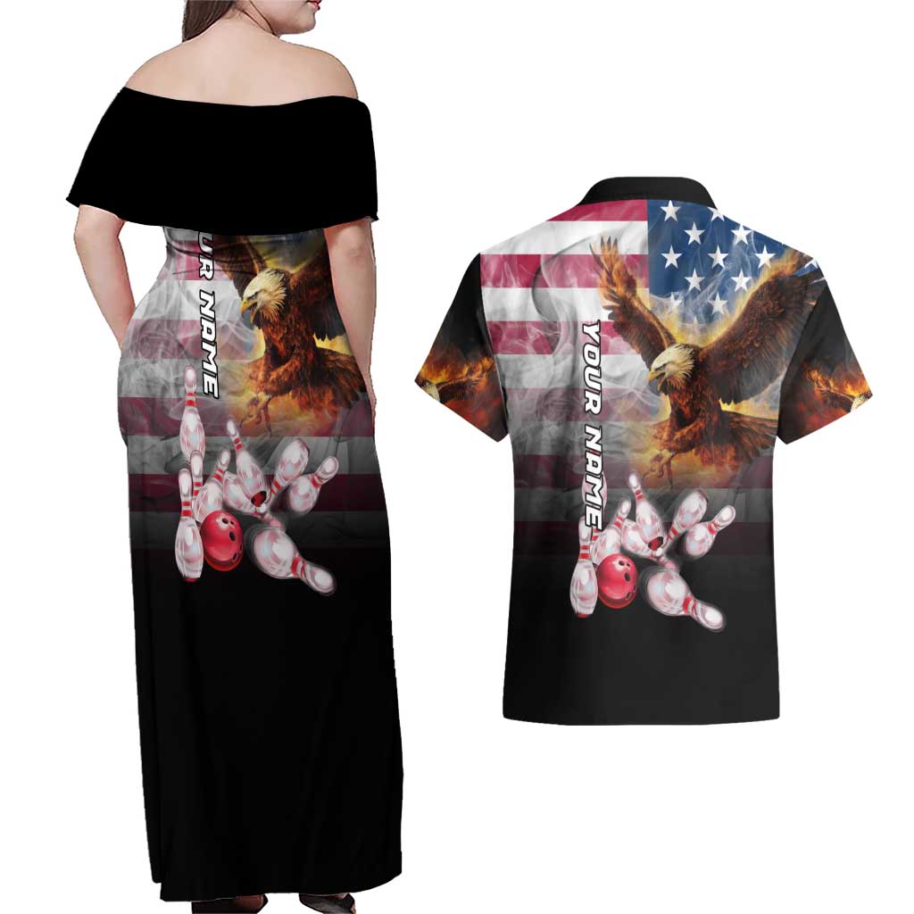 Custom Patriotic Eagle Bowling Couples Matching Off Shoulder Maxi Dress and Hawaiian Shirt with American Flag Strike Design - Wonder Print Shop