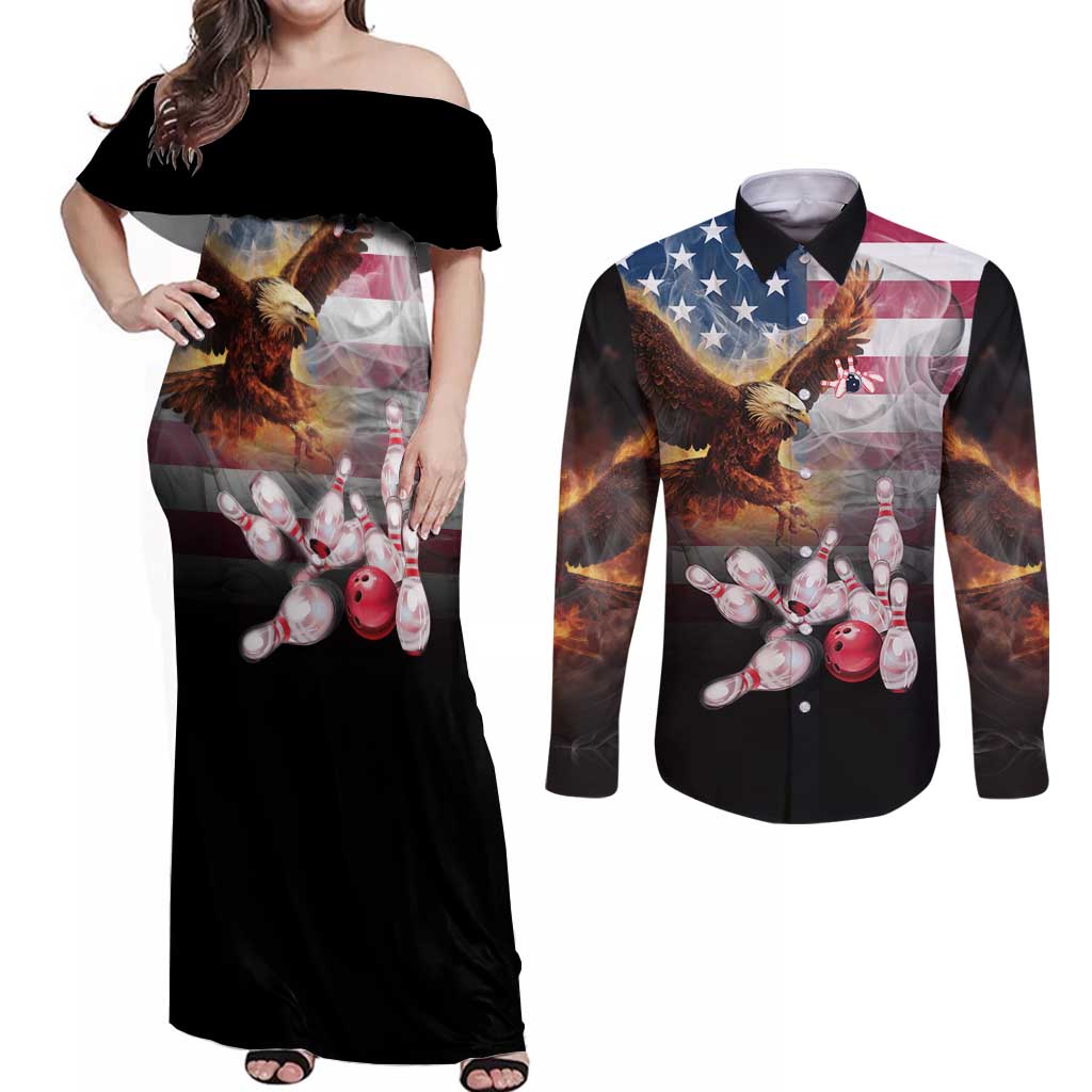 Custom Patriotic Eagle Bowling Couples Matching Off Shoulder Maxi Dress and Long Sleeve Button Shirt with American Flag Strike Design - Wonder Print Shop