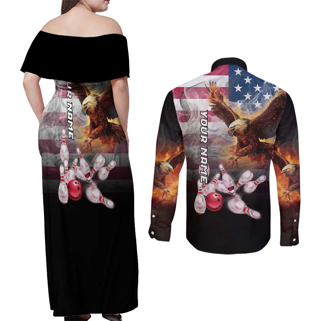 Custom Patriotic Eagle Bowling Couples Matching Off Shoulder Maxi Dress and Long Sleeve Button Shirt with American Flag Strike Design - Wonder Print Shop