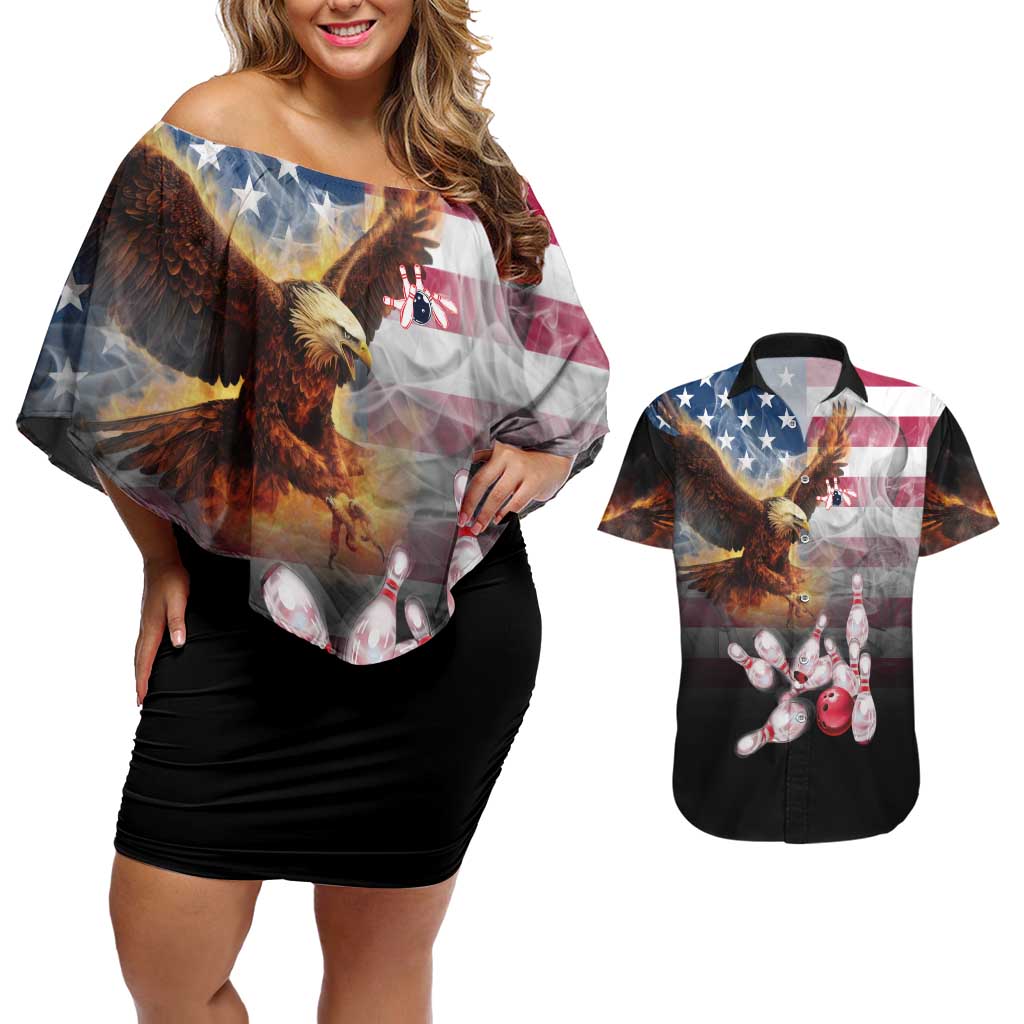 Custom Patriotic Eagle Bowling Couples Matching Off Shoulder Short Dress and Hawaiian Shirt with American Flag Strike Design - Wonder Print Shop