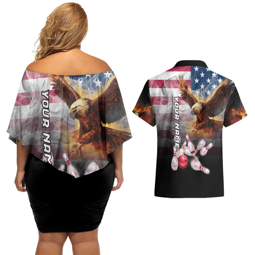 Custom Patriotic Eagle Bowling Couples Matching Off Shoulder Short Dress and Hawaiian Shirt with American Flag Strike Design - Wonder Print Shop